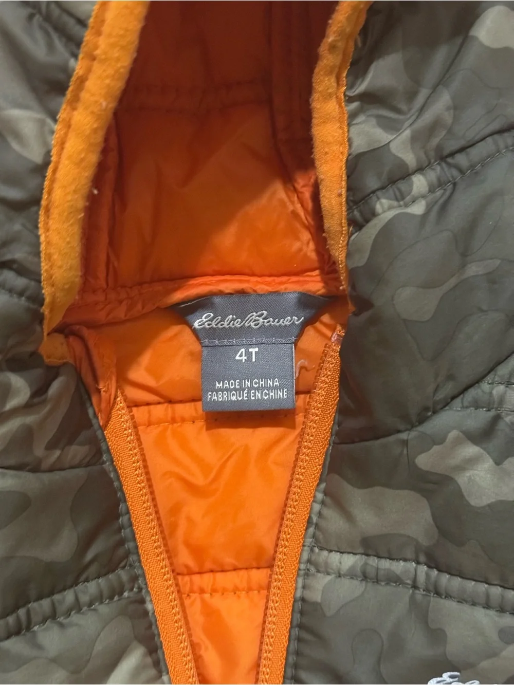 Eddie Bauer 4T Camo Puffer Jacket with Orange Trim